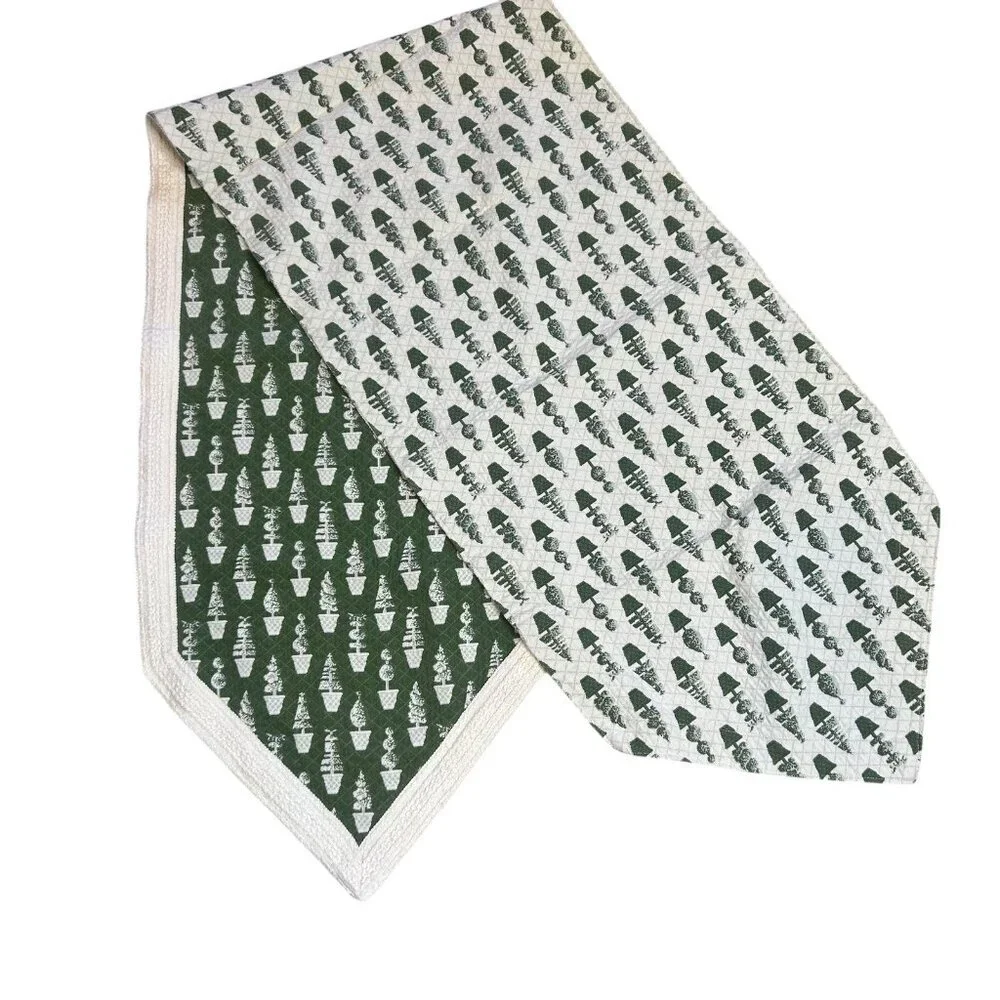 Reversible Table Runner Green Cream Topiary Tree Design 74 X 17